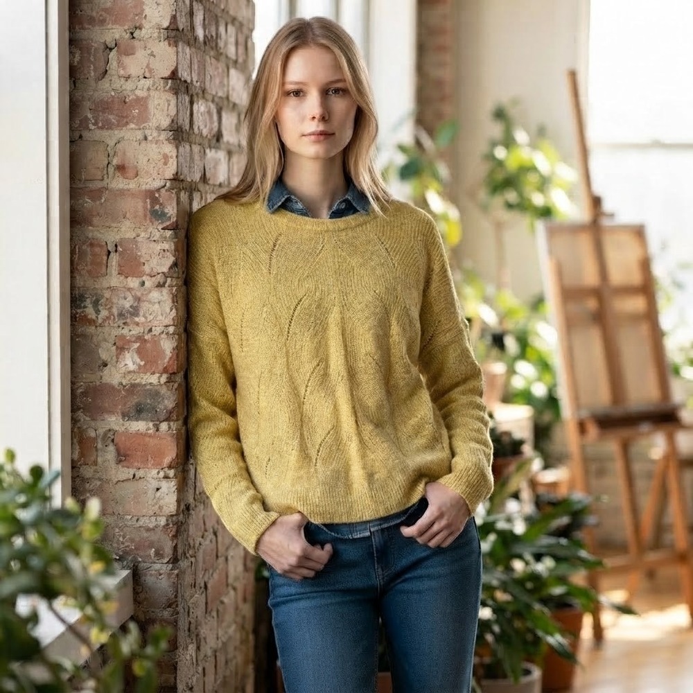 Anthropologie Yellow Cable Knit Pointelle Leaf Sweater XL Mustard Marl Pullover